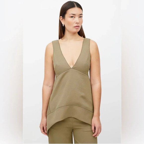PROENZA SCHOULER White Label Plunge Rumpled Pique Top In Khaki - Picture 1 of 11